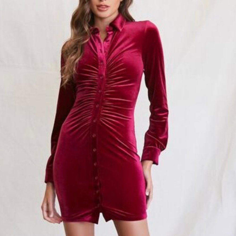 Forever 21 Berry Velvet Button Down Shirt Mini Dress Juniors Medium 6 8 NWT